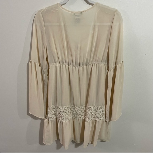 Flying Tomato boho lace mesh shear bell sleeve mini flowy babydoll dress size L - Picture 2 of 6